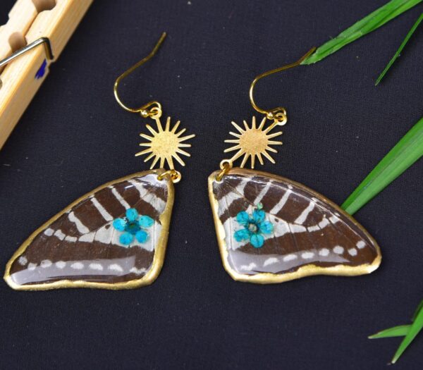 Real butterfly wing earring with plum flower