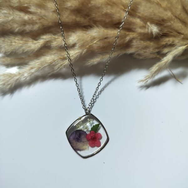 Dusty Rose – Geometric Silver Triangle Botanical Necklace (Pendant)