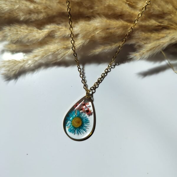 Teal Starburst – Gold Teardrop Botanical Resin Pendant