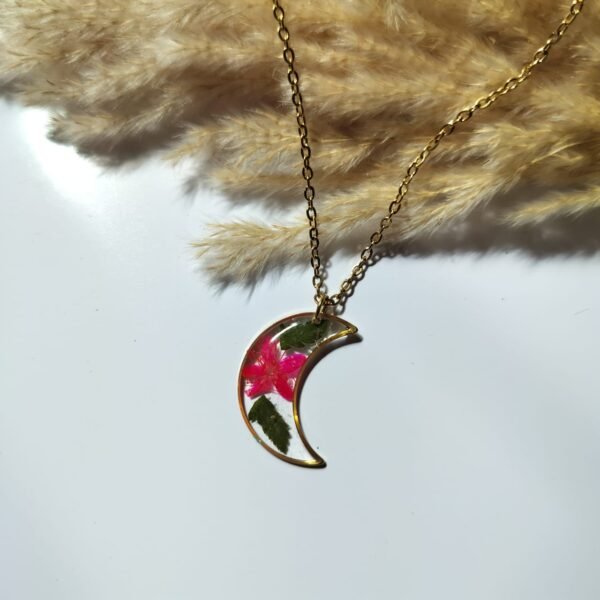 Celestial Crescent Moon Botanical Necklace – Preserved Pink Flower & Fern