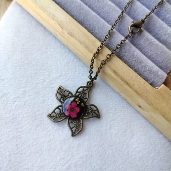 Vintage brass necklace with real flower