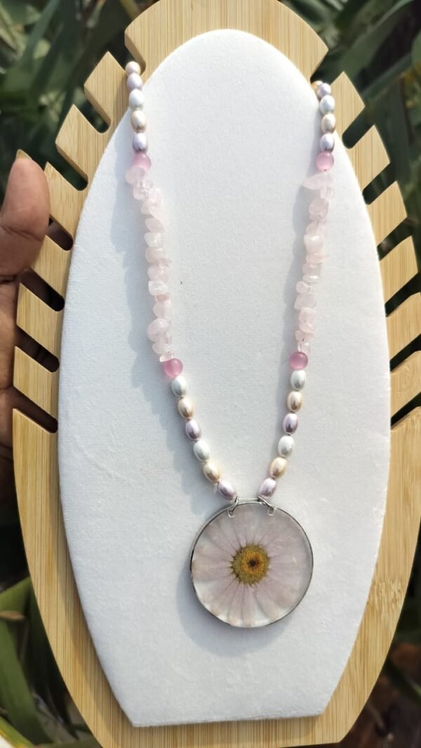 Rose quartz with pearl necklace with real flower pendant
