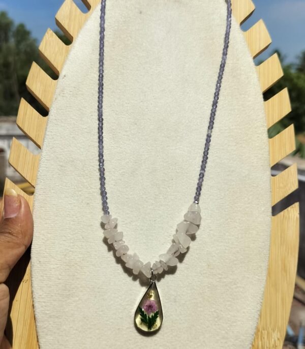 Rose quartz necklace with real flower pendant