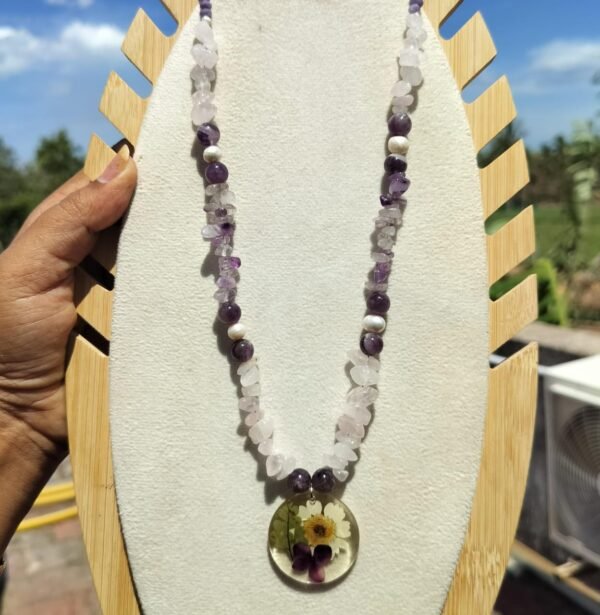 Amethyst gemstone necklace with real pearl n flower pendant