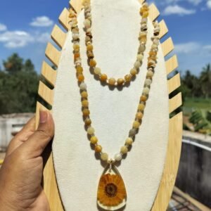 Natural stone layered necklace with real flower pendant